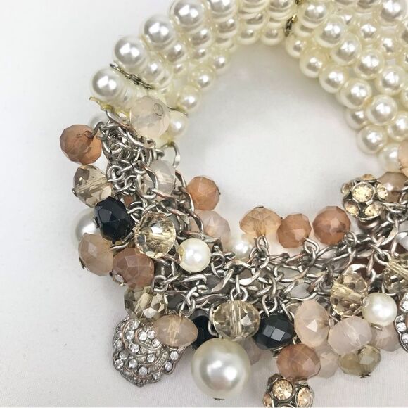 Taupe Blush Bead Rhinestone White Pearl Multi Strand Dangle Stretch Bracelet - Picture 5 of 9